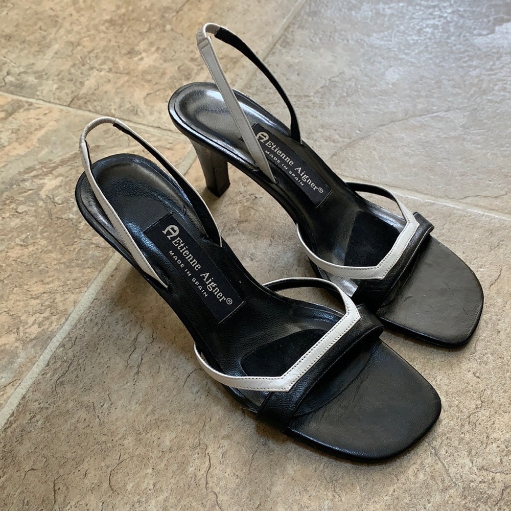 Vintage black and white sling back sandals